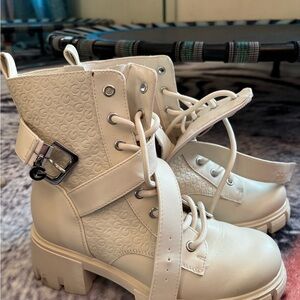 GBG Los Angeles Cream Lace-Up Combat Boots with Buckle Accent